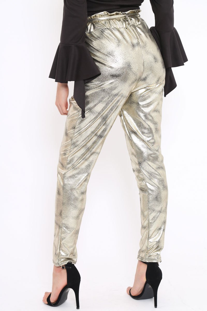 Gold Metallic Tie Waist Trousers - Brigette-Trousers