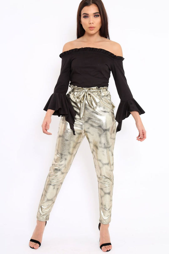 Gold Metallic Tie Waist Trousers - Brigette
