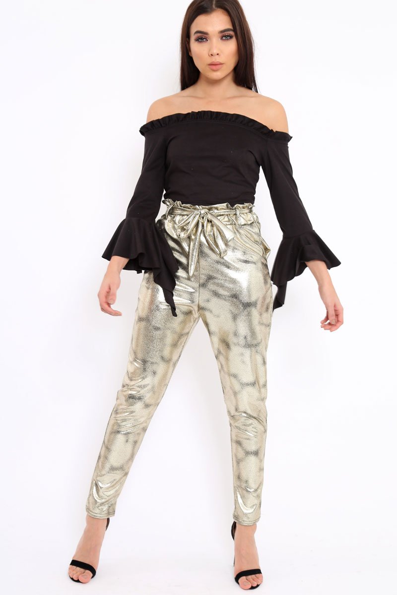 Gold Metallic Tie Waist Trousers - Brigette-Trousers