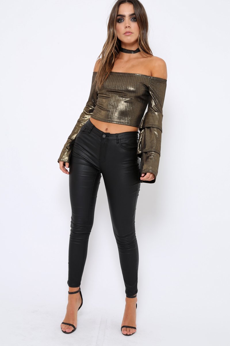 Gold Metallic Tiered Flared Sleeves Bardot Crop Top - Karie-Tops
