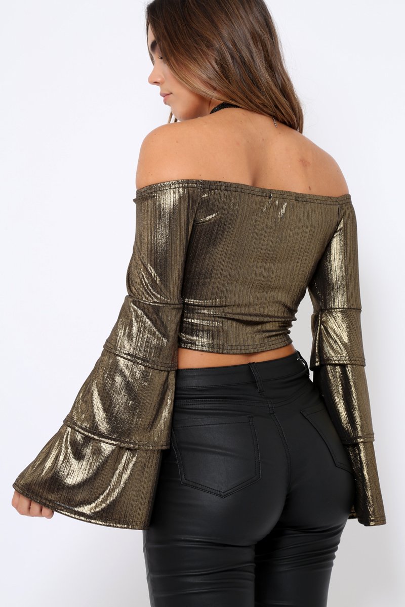 Gold Metallic Tiered Flared Sleeves Bardot Crop Top - Karie-Tops