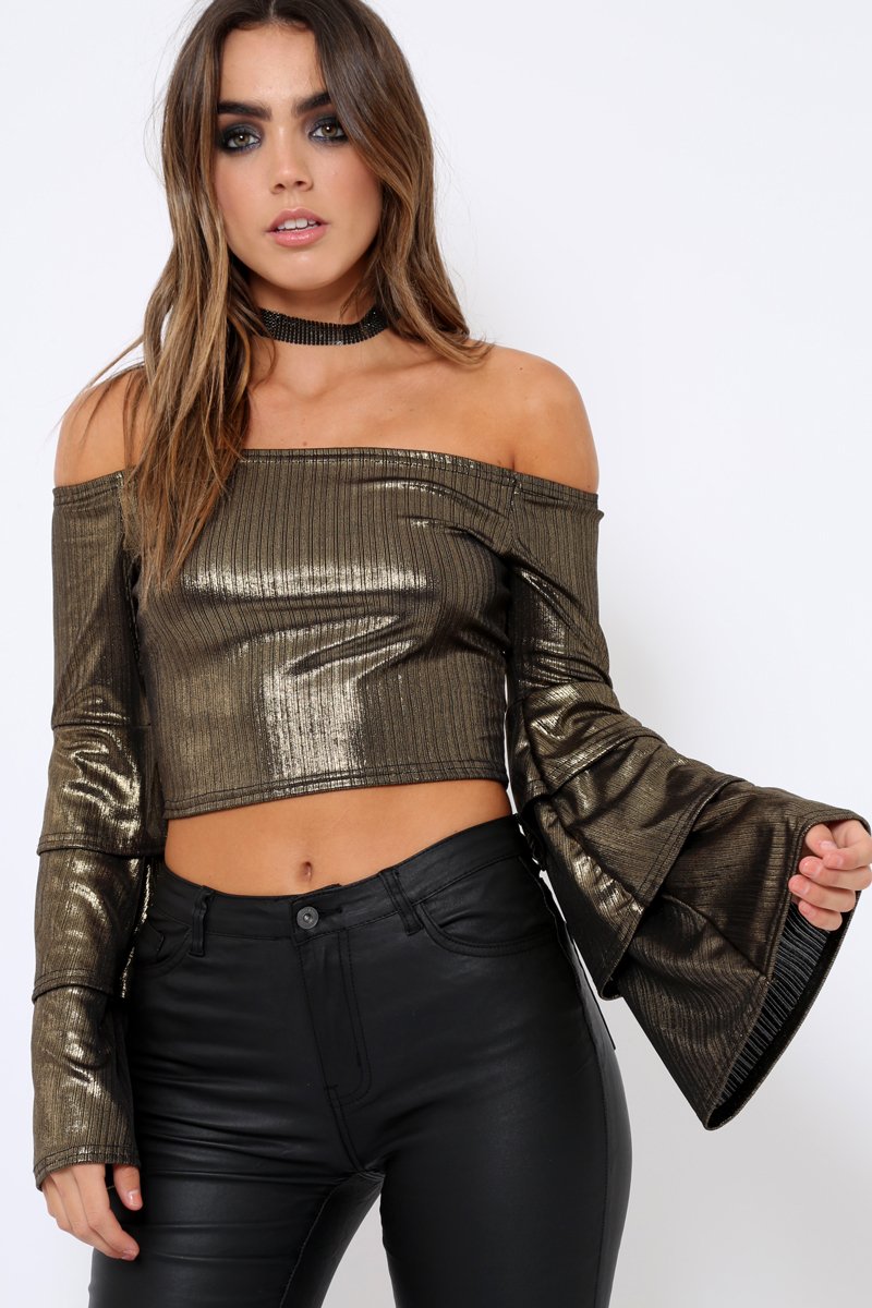 Gold Metallic Tiered Flared Sleeves Bardot Crop Top - Karie-Tops