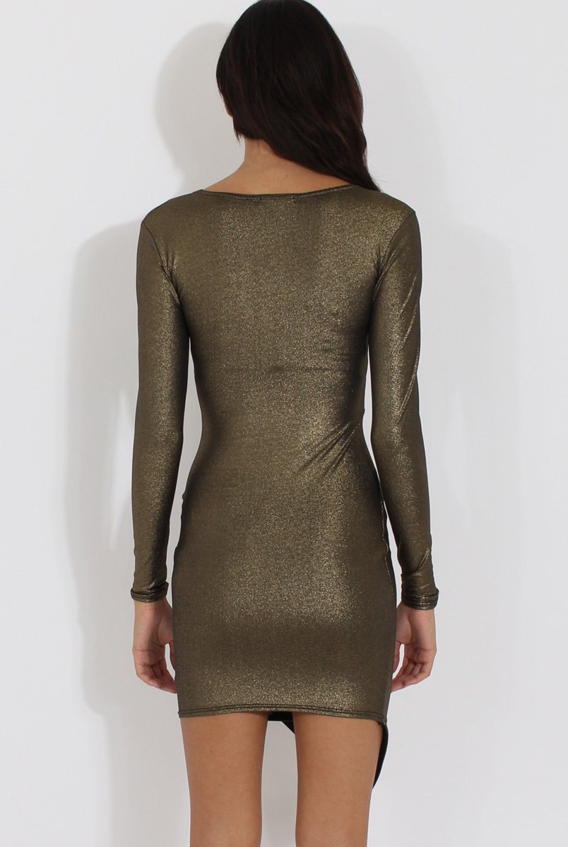 Gold Metallic Wrap Side Ruched Dress - Harlie-Dresses