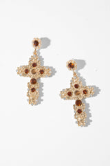 Gold Ornate Embellished Cross Earrings - Sayuri-Jewellery
