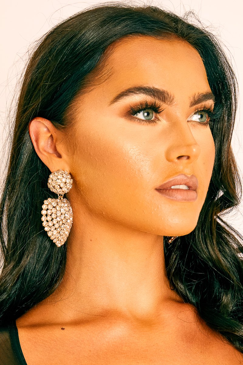 Gold Oversized Diamante Heart Pendant Earrings - Tylar-Jewellery