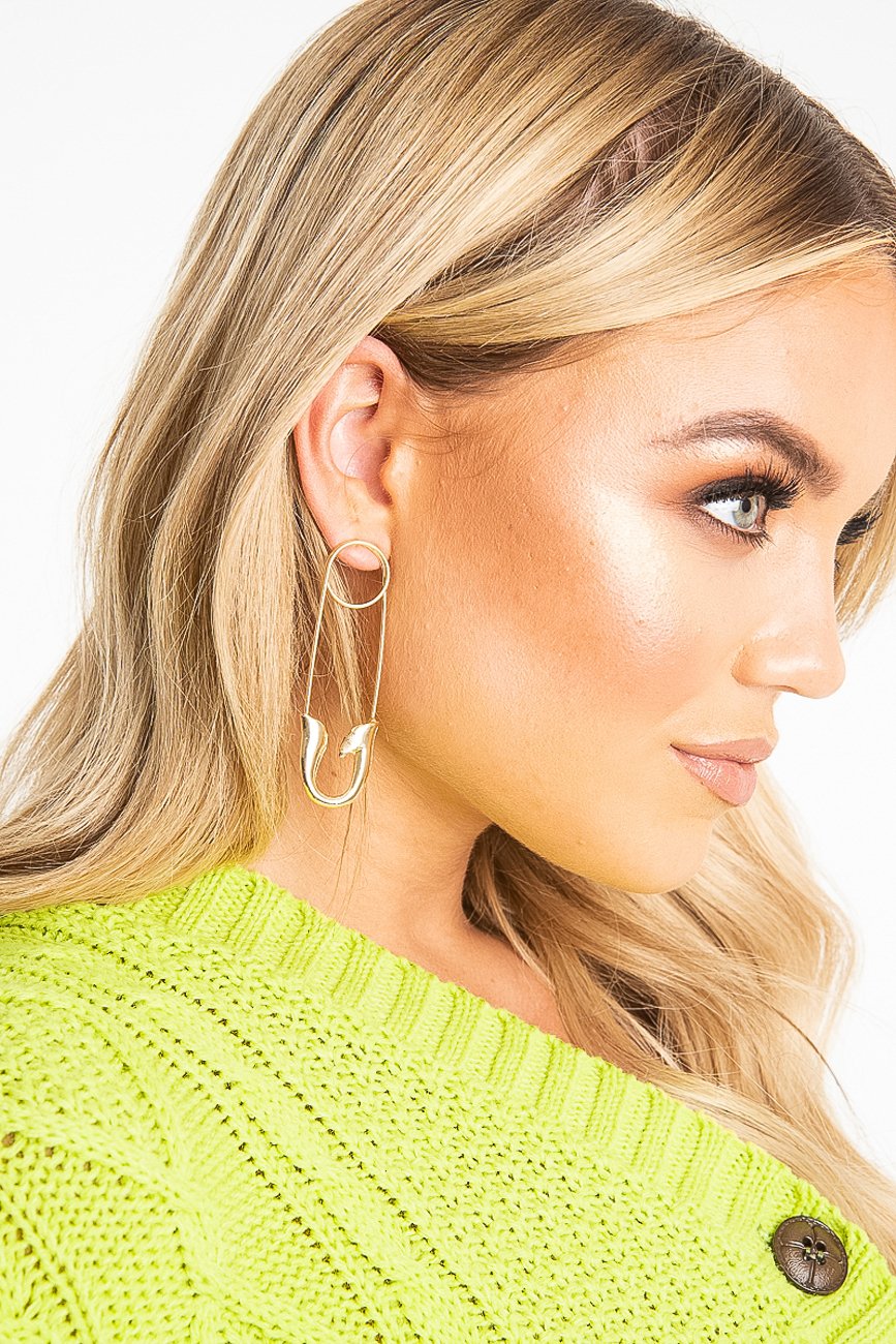 Gold Oversized Safety Pin Drop Earrings - Rossy-Jewellery