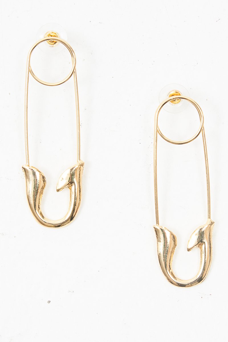 Gold Oversized Safety Pin Drop Earrings - Rossy-Jewellery