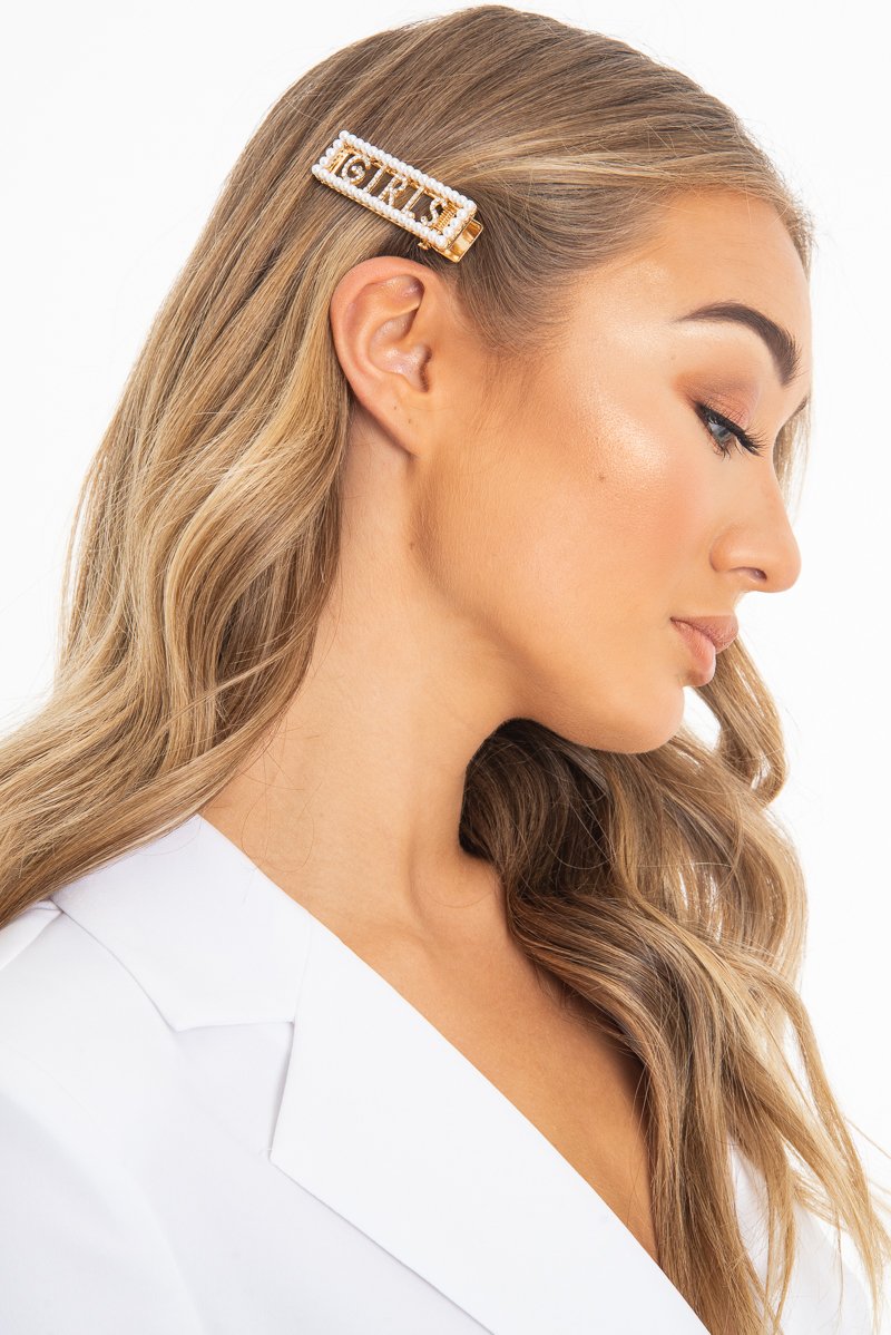 Gold Pearl Detail Girls Slogan Crocodile Barrette - Krissy-Hair