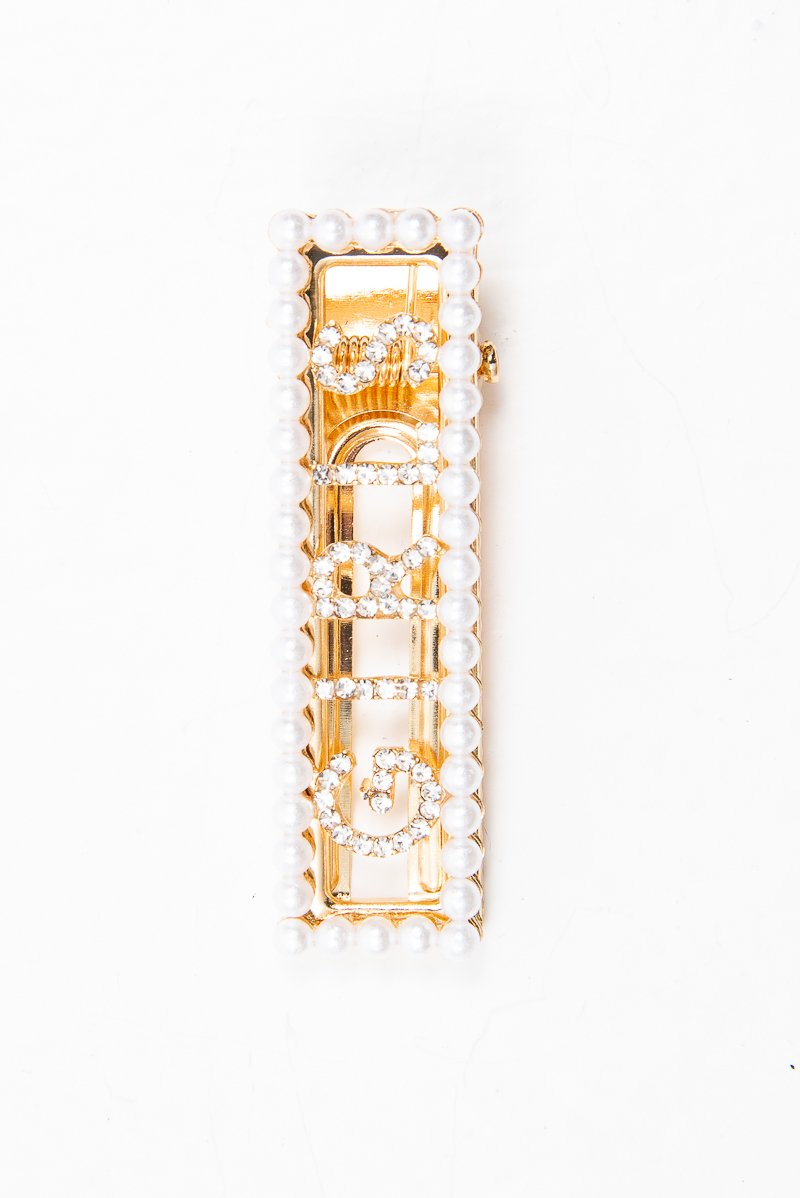 Gold Pearl Detail Girls Slogan Crocodile Barrette - Krissy-Hair
