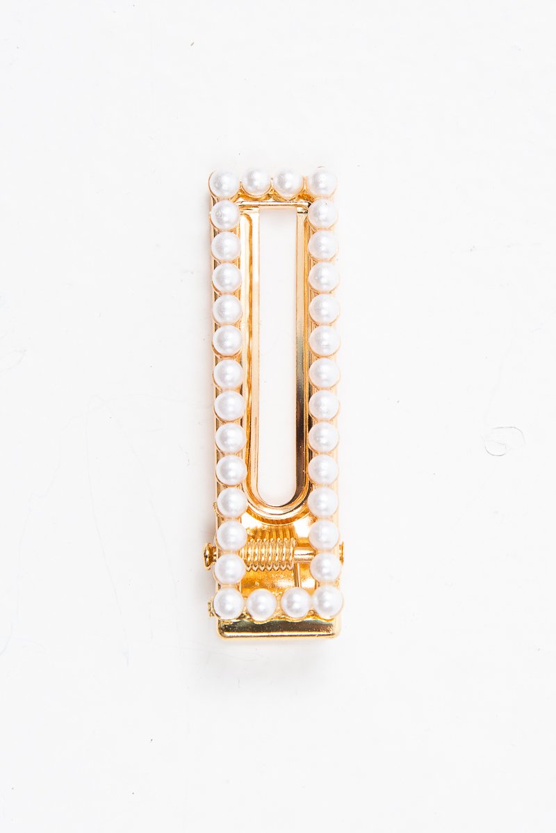 Gold Pearl Detail Rectangle Crocodile Barrette - Evelena-Hair