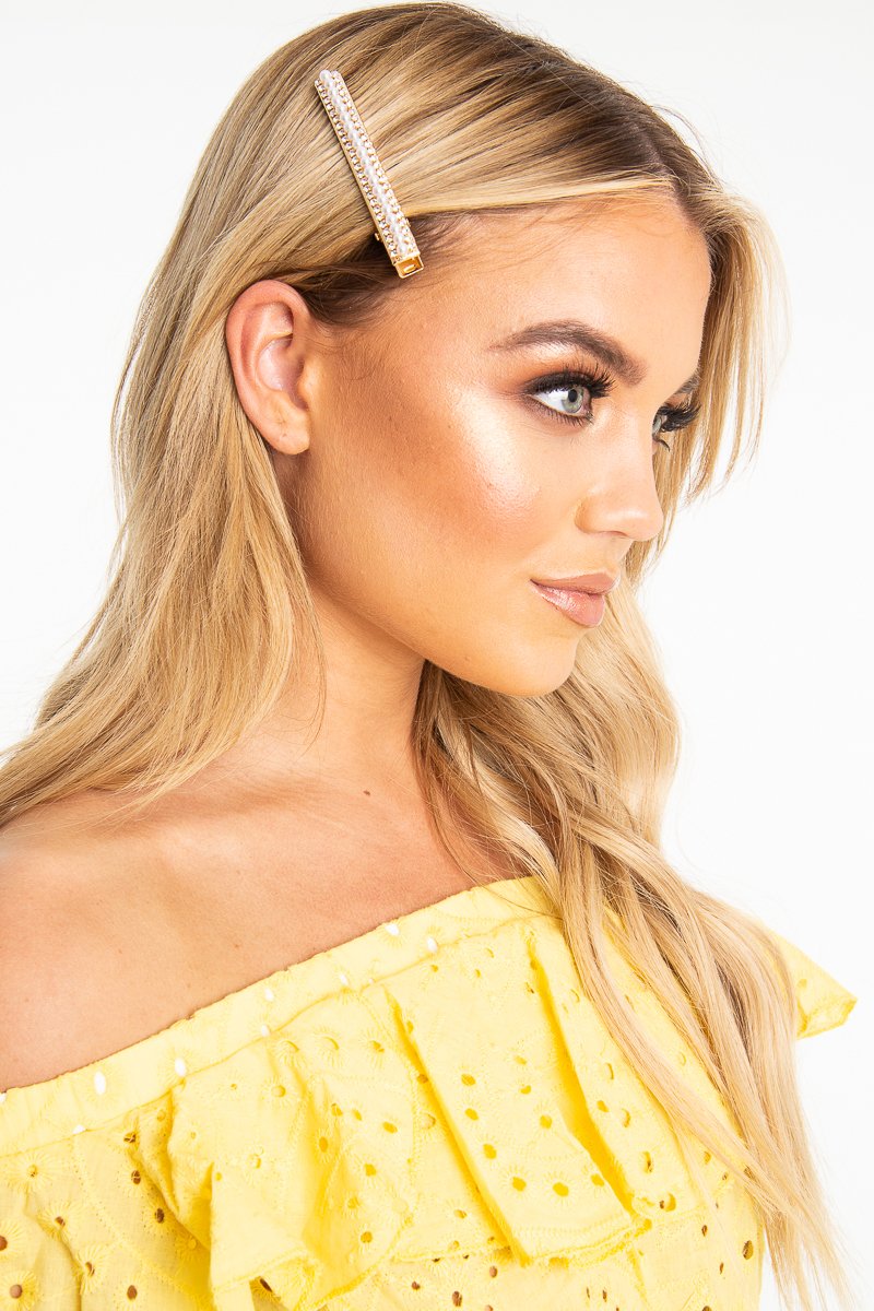 Gold Pearl Diamante Detail Rectangle Crocodile Clip - Niaomi-Hair