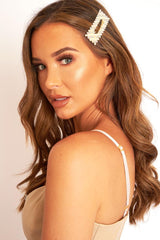 Gold Pearl Diamante Embellished Rectangle Hair Clip - Raeven-Hair