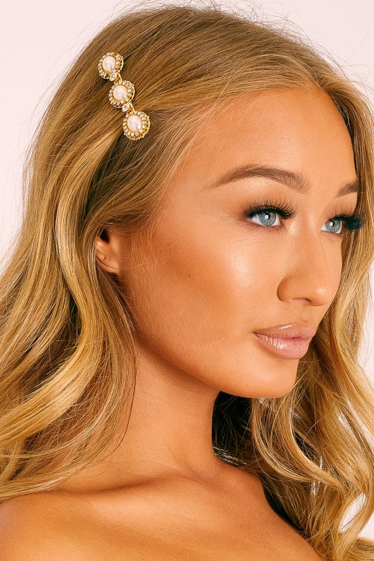 Gold Pearl Diamante Hair Slide - Bryssa