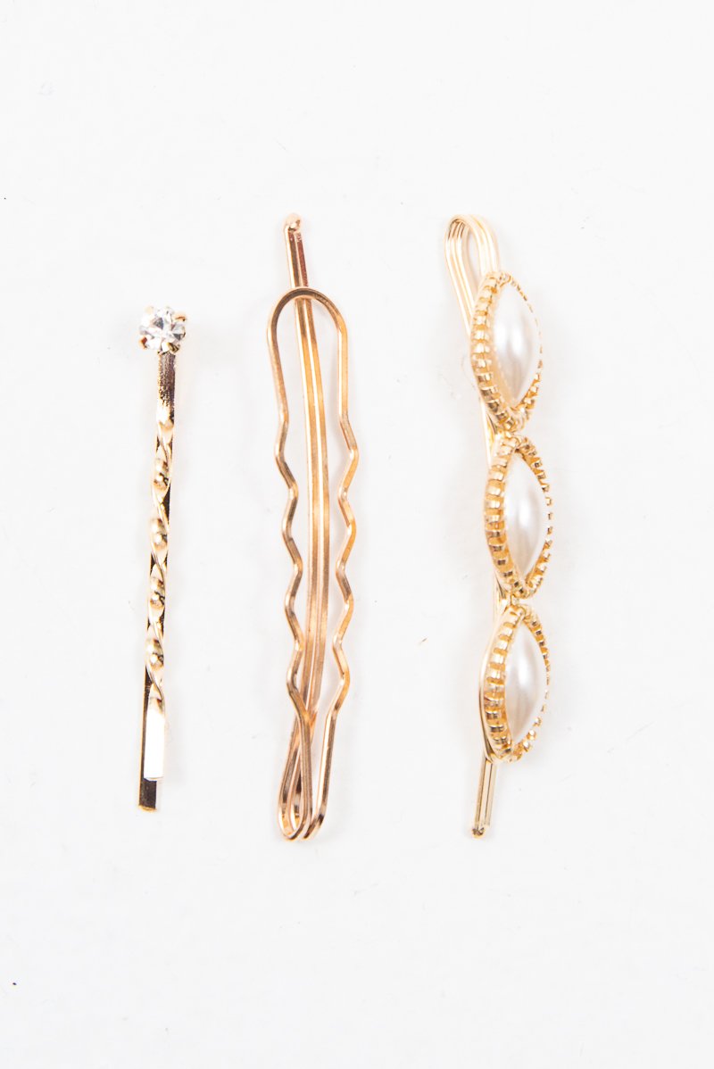 Gold Pearl Diamante Pack of 3 Barrettes - Keri-Hair