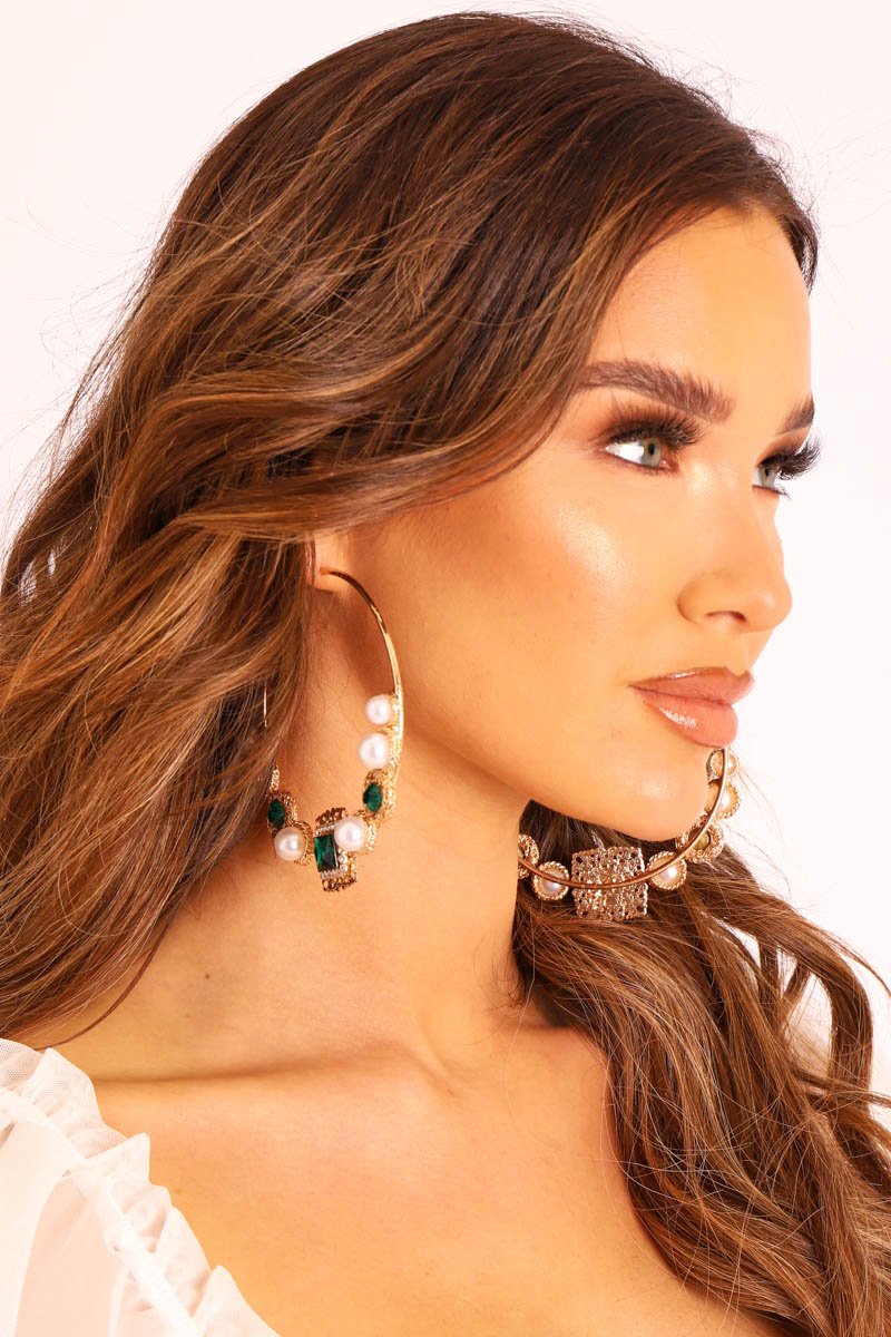 Gold Pearl and Emerald Encrusted Hoop Earrings - Fraidy-Jewellery