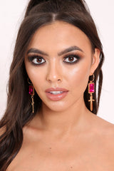 Gold Pink Jewel Sword Drop Hoop Earrings - Eden-Jewellery