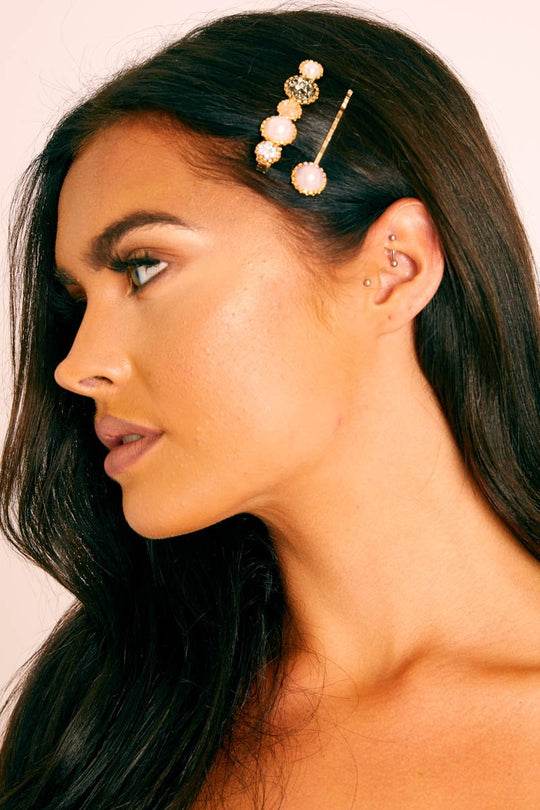 Gold Pink Stone 2 Pack Hair Clip - Samani