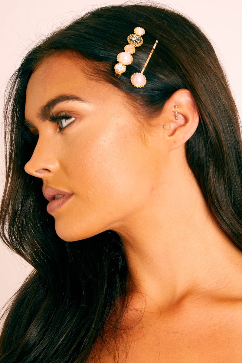 Gold Pink Stone 2 Pack Hair Clip - Samani-Hair