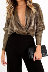 Gold Pleated Ruched Sleeve Plunge Bodysuit - Wynona-Bodysuits