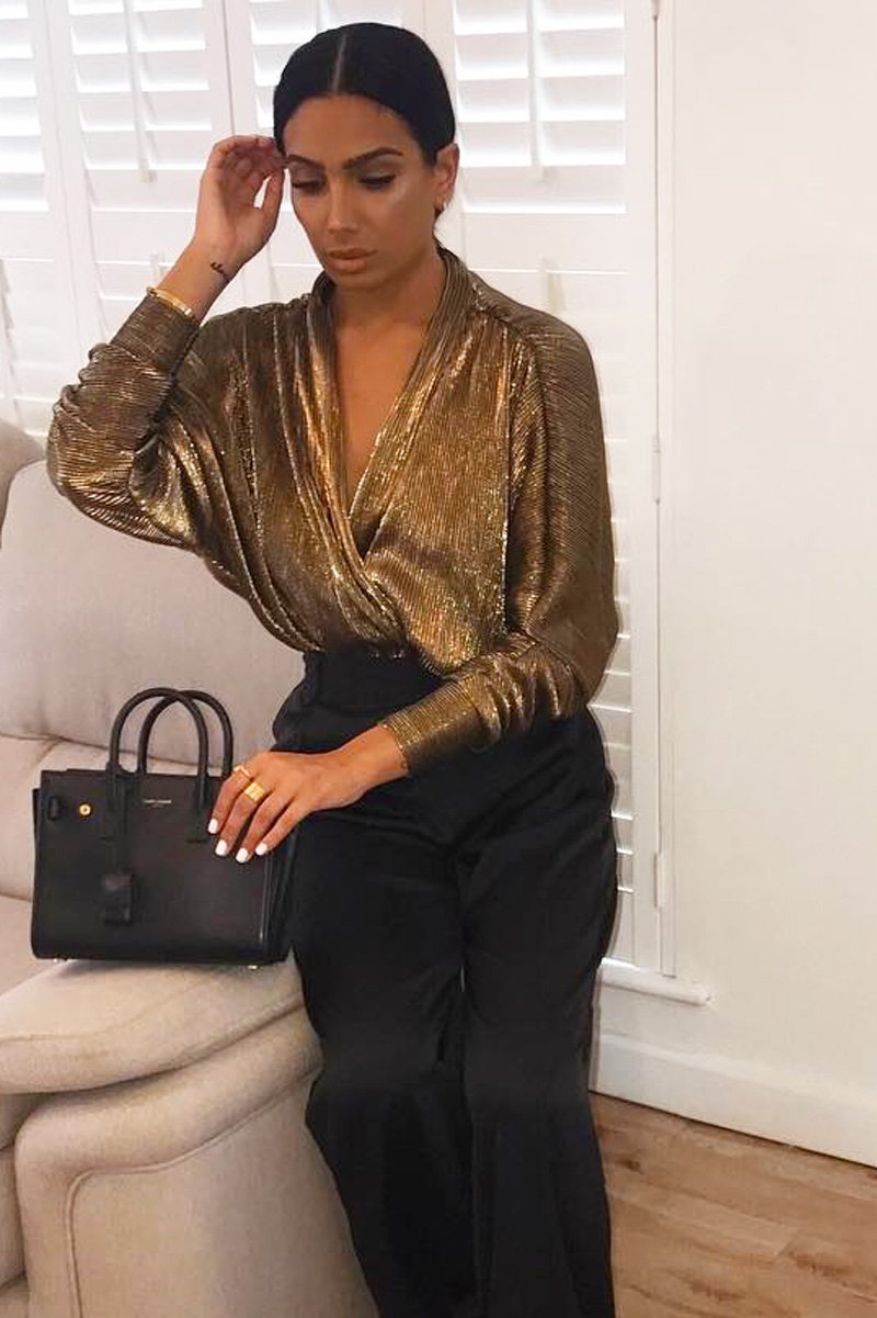 Gold Pleated Ruched Sleeve Plunge Bodysuit - Wynona-Bodysuits