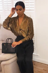 Gold Pleated Ruched Sleeve Plunge Bodysuit - Wynona-Bodysuits