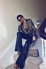 Gold Pleated Ruched Sleeve Plunge Bodysuit - Wynona-Bodysuits