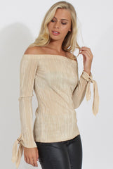 Gold Pleated Tie Cuff Bardot Top - Marcia-Tops