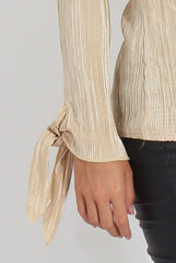 Gold Pleated Tie Cuff Bardot Top - Marcia-Tops