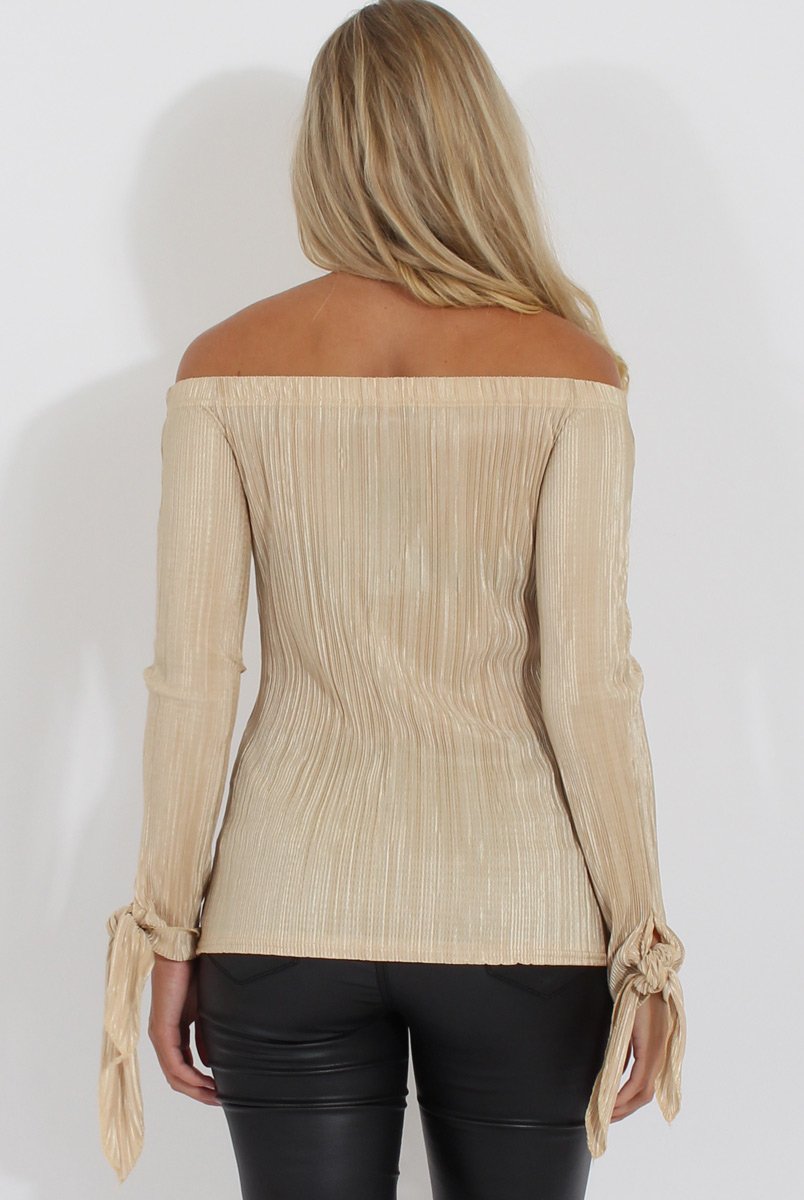 Gold Pleated Tie Cuff Bardot Top - Marcia-Tops