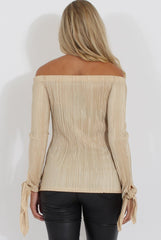 Gold Pleated Tie Cuff Bardot Top - Marcia-Tops