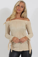 Gold Pleated Tie Cuff Bardot Top - Marcia-Tops