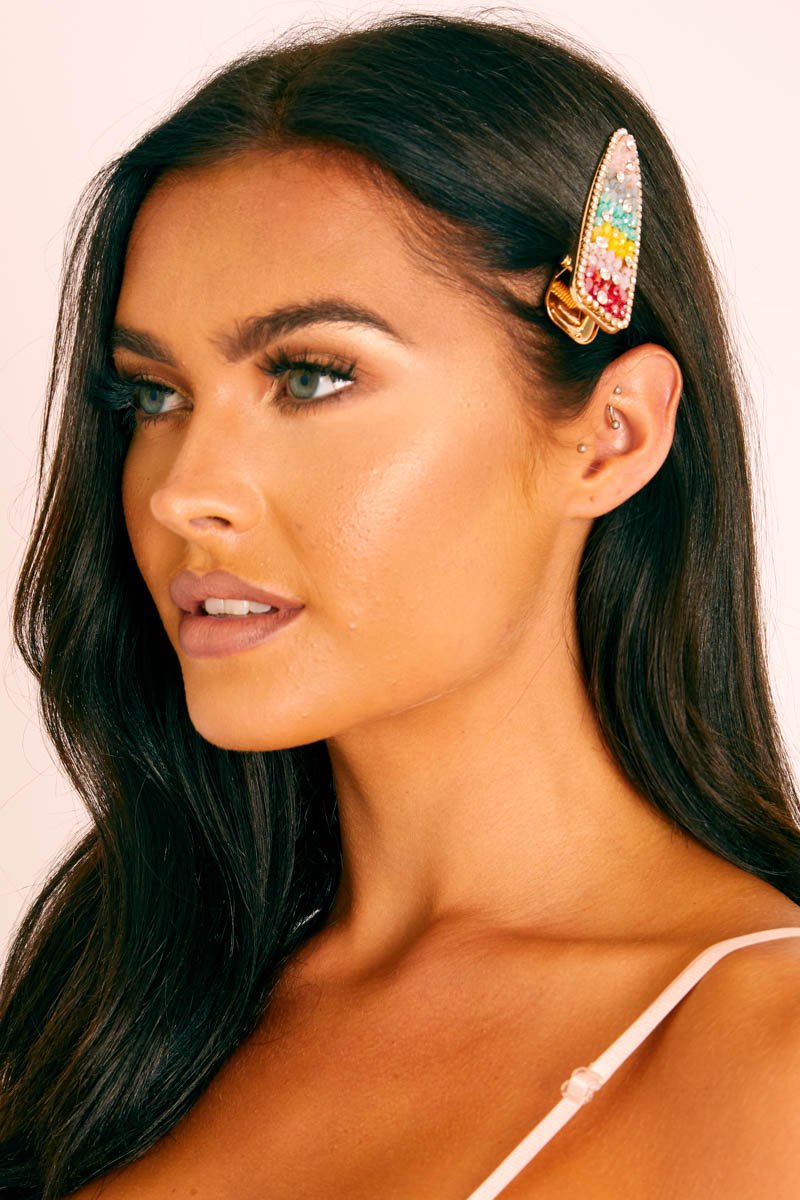 Gold Rainbow Diamante Hair Clip - Makari-Hair