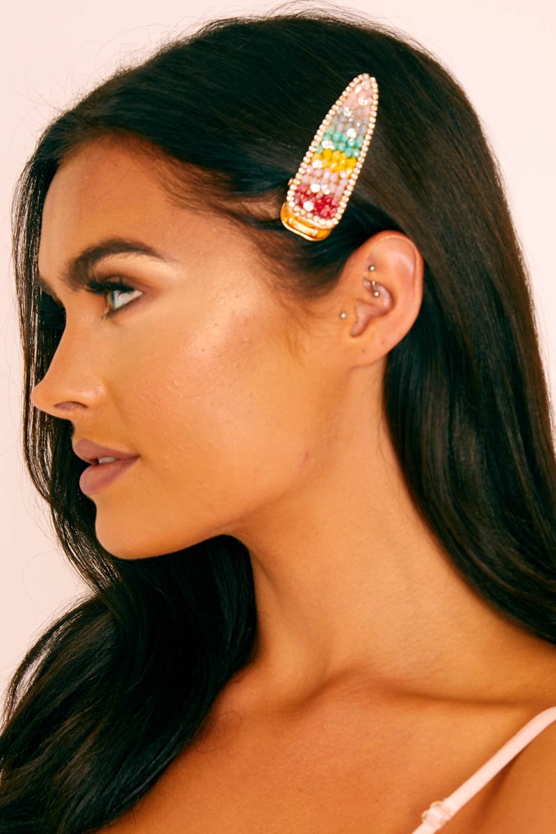 Gold Rainbow Diamante Hair Clip - Makari-Hair