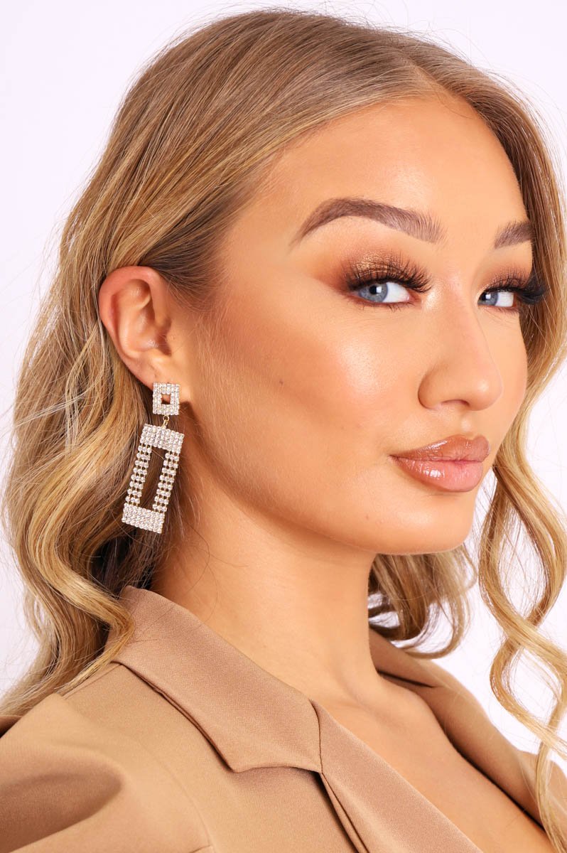 Gold Rectangle Diamante Earrings - Haily-Jewellery