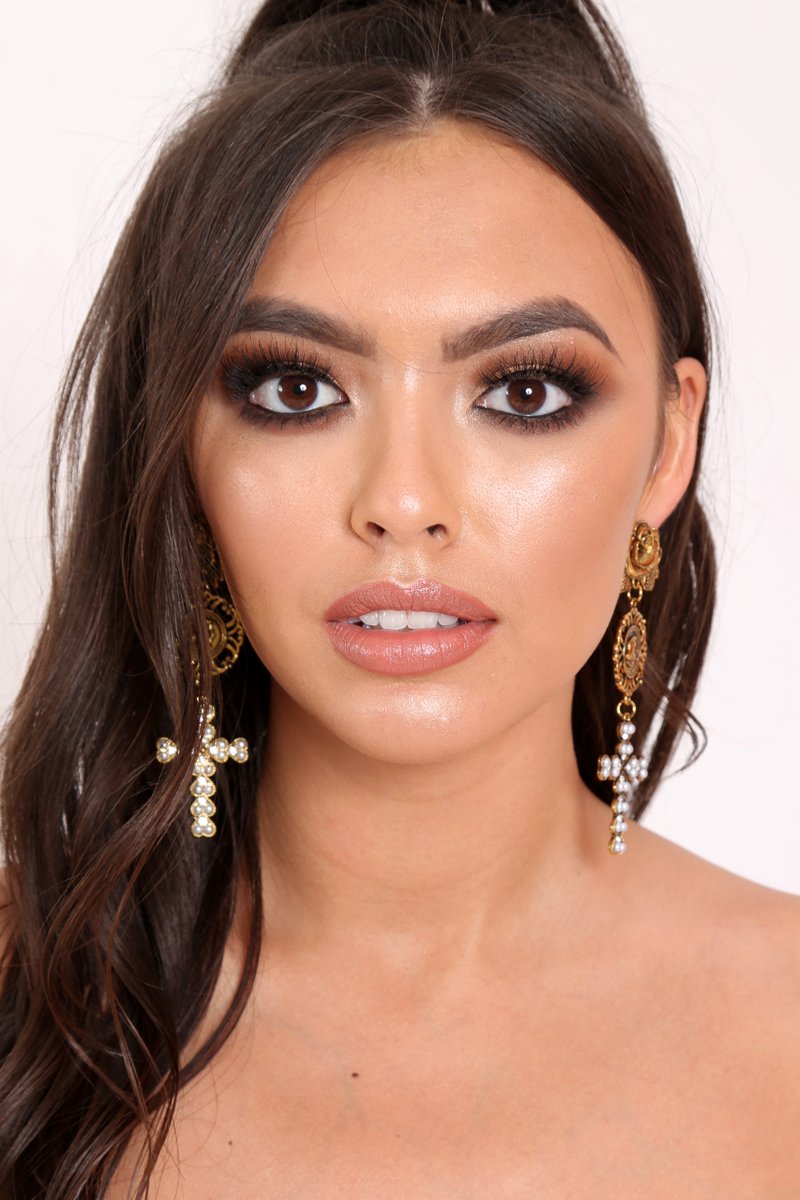 Gold Rose Pearl Coin Cross Drop Earrings - Calavera-Jewellery