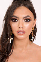 Gold Rose Pearl Coin Cross Drop Earrings - Calavera-Jewellery