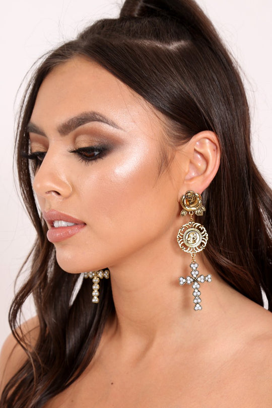 Gold Rose Pearl Coin Cross Drop Earrings - Calavera
