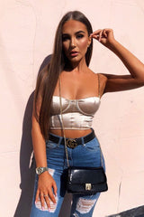 Gold Satin Corset Detail Chain Strap Crop Top - Vinisha-Crop Tops
