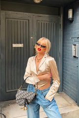 Gold Satin Corset Detail Plunge Blouse - Myha-Blouse