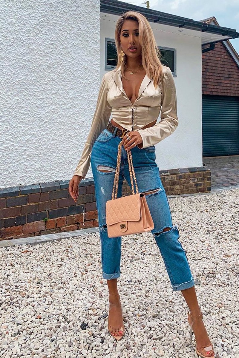 Gold Satin Corset Detail Plunge Blouse - Myha-Blouse