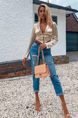 Gold Satin Corset Detail Plunge Blouse - Myha-Blouse