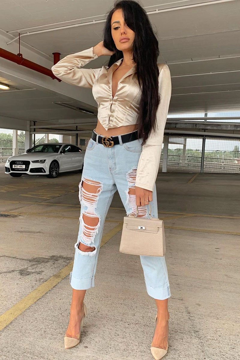 Gold Satin Corset Detail Plunge Blouse - Myha-Blouse