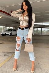 Gold Satin Corset Detail Plunge Blouse - Myha-Blouse