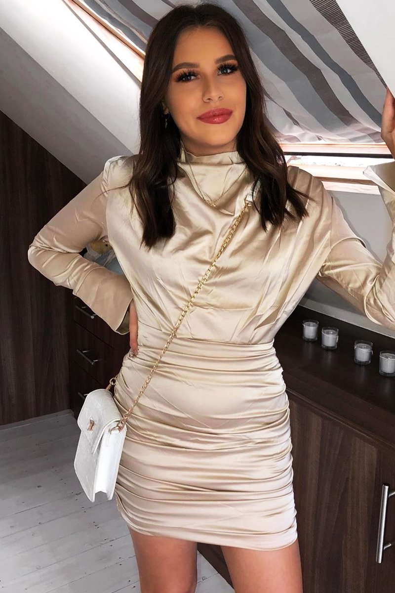 Gold Satin High Neck Ruched Side Detail Dress - Rae-Dresses