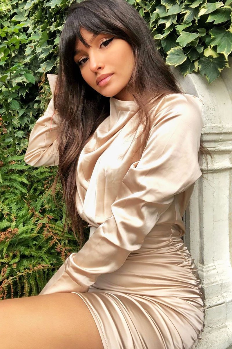 Gold Satin High Neck Ruched Side Detail Dress - Rae-Dresses