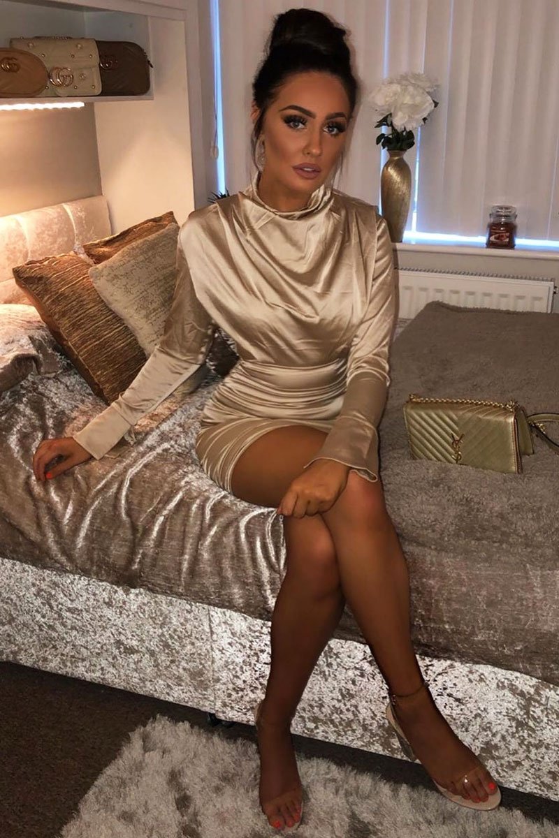 Gold Satin High Neck Ruched Side Detail Dress - Rae-Dresses