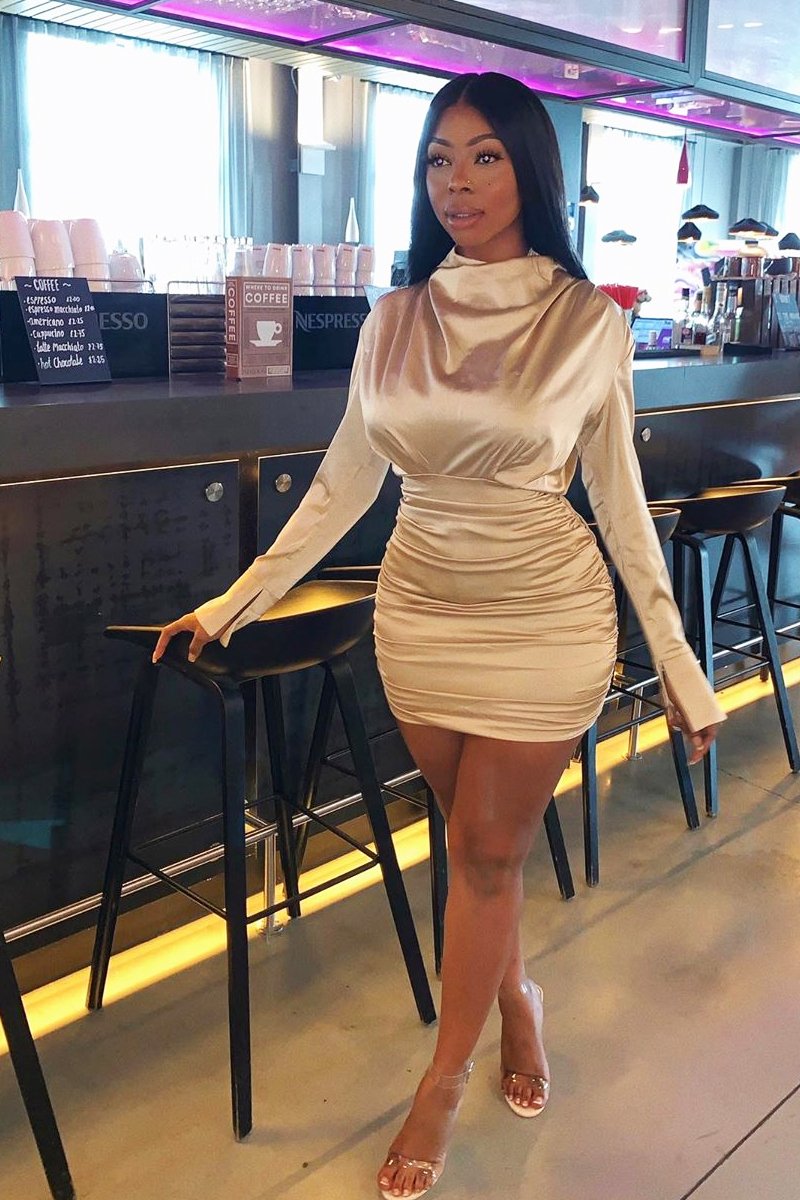 Gold Satin High Neck Ruched Side Detail Dress - Rae-Dresses