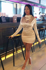 Gold Satin High Neck Ruched Side Detail Dress - Rae-Dresses