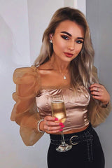 Gold Satin Mesh Sleeve Ruched Detail Crop Top - Rya-Crop Tops