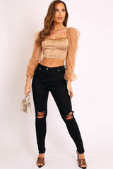 Gold Satin Mesh Sleeve Ruched Detail Crop Top - Rya-Crop Tops